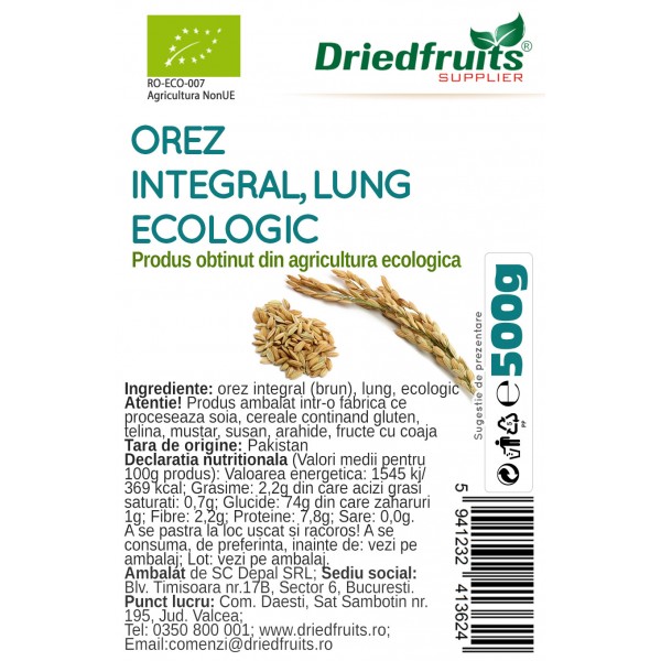 Orez Integral Lung Bio Driedfruits 500 G Comanda Online De Pe